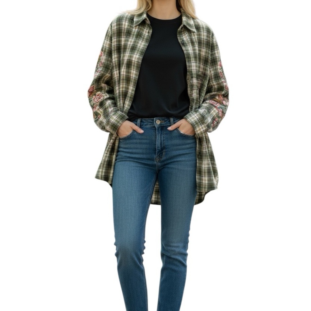 Paparazzi‎ Velvet Floral Embroidered Back Plaid Flannel Western Boho Shirt Large - Picture 2 of 12